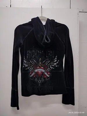 Ladies Ed Hardy Style Black Velvet Hoddie Size S. Rockin  Bling Rinestone  • $24.50