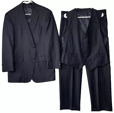 Hart Schaffner Marx 3PC Suit 42L Blue Pinstripe Wool Pleated Cuff Pant 38x30 VTG • $71.95