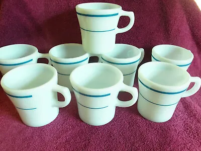 8 Vintage Fire King Anchor Hocking Milk Glass W/ Teal Blue Stripes Coffee Mugs • $48