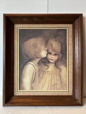 Vintage Margaret Kane “A Little Kiss” Big Eyes Art Print Matted Framed 20”x17” • $42