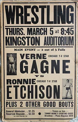 Vintage Wrestling Poster VERNE GAGNE Vs RONNIE ETCHISON - 1953 - 14  X 22  • $350