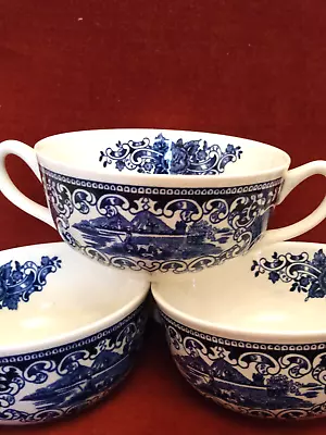 THREE X Vintage Myott Blue & White Staffordshire  Twin Handled Soup Bowls • £9.75