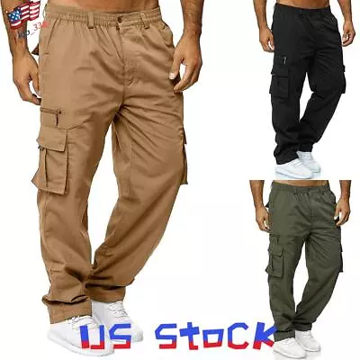 Men Loose Pockets Pants Casual Baggy Cargo Trousers Elasticated Combat Joggers • $22.39