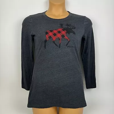 Eddie Bauer Crew Neck T-Shirt Tee Moose Buffalo Plaid Gray Womens Medium M • $14.39