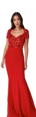 £10 • Buy Goddiva Sequin Chiffon And Lace Evening Gown Prom Dress Wedding Red Size 8