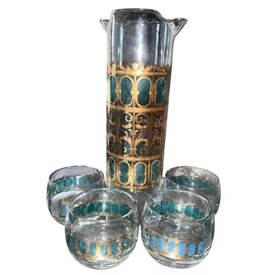 1950s Culver Green Valencia Intricate Gold Pitcher & Roly Poly Tumbler Set Of 5 • $30.09