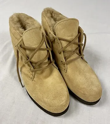 HUSH PUPPIES Ladies Ankle Boots Leather Suede Lace Up Tan Sz 7.5 VTG • $29.99