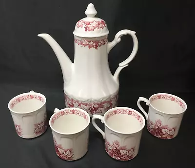 VINTAGE~ STAFFORDSHIRE STERLING VINES TEAPOT & 4 CUPS RED ENGRAVING J & G Meakin • $49.99