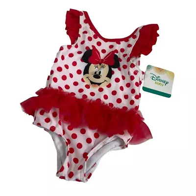 Disney Baby Minnie Mouse One Piece Swimsuit White Red Polka Dots Tutu 12 M NWT • $14.12