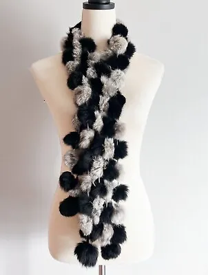 Genuine Rabbit Fur Pom Pom Scarf Black Gray Mob Wife 5 X 50 In • $17