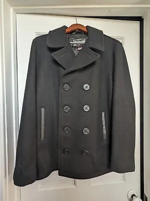 EUC Schott Men's Black Pea Coat Size Large Wool  With Leather Trimmed Pockets • $99