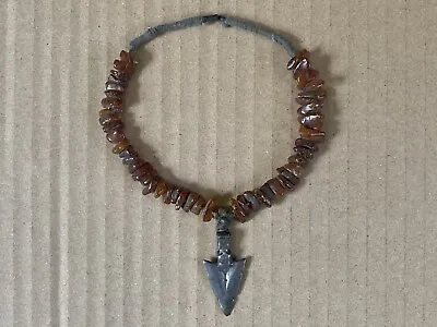 Vintage 10” Antique Amber Bead Necklace W/ Metal Arrowhead Pendant • $19.99