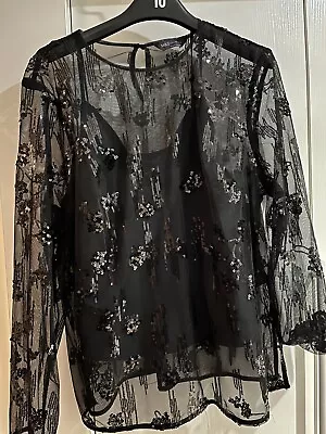 LADIES MARKS & SPENCER M&S BLACK BLOUSE TOP UK 18 - Sequin With Cami Underneath • £9