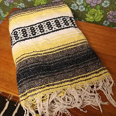 £12.99 • Buy Yellow Navy Blue Small Mexican Woven Stripy Falsa Beach/Picnic Blanket / Throw