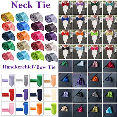 Mens Neck Tie And Pocket Square Handkerchief Set Hanky Wedding Skinny Bow Tie • £3.49