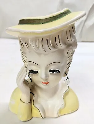 Vintage Lady Head Vase Reticulated Hair Yellow Dress Hat Pearl Earrings Hand • $60