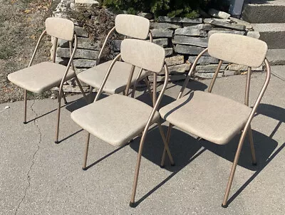 4 Tan Vintage Mid Century Modern Atomic Cosco Metal Folding Chairs Lot Of 4 Mcm • $165.99