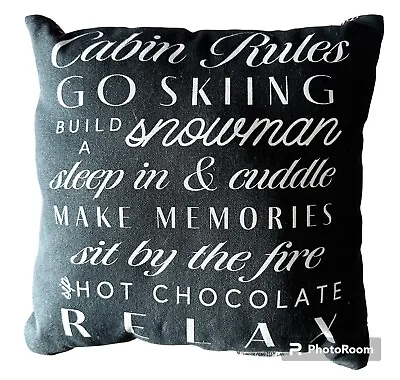 Throw Toss “Cabin Rules” Black/White 13”  Plaid Pillow 100% Cotton • $10