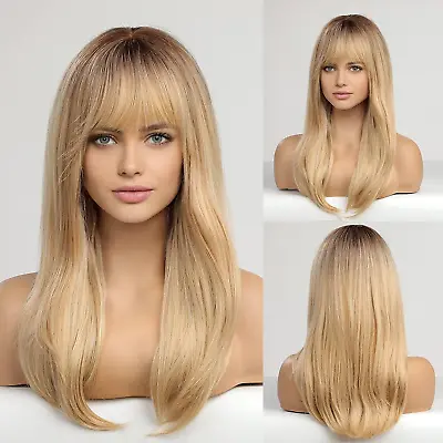 HAIRCUBE Long Blonde Wigs For Women Straight Wigs With Fringe Synthetic Hair • £31.37