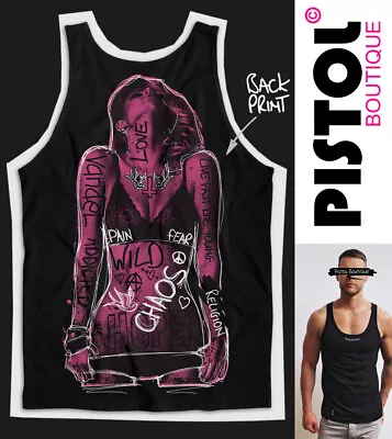 Pistol Boutique Men's Black GRAFFITI TATTOOS GIRL Back Print Vest Singlet Tank • £25.19