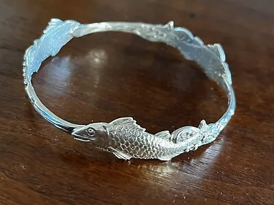 Sterling Silver Vintage Shiny Fish Motif Bracelet 2.75 Inch In Diameter • $95