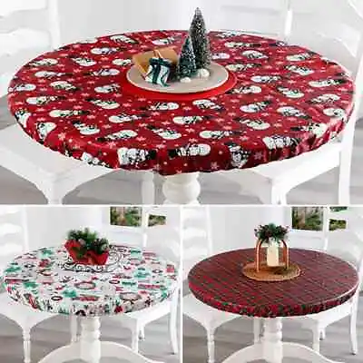 $16.99 • Buy Fitted Christmas PEVA Vinyl Tablecloth ROUND Or OVAL Holiday Elastic Table Cover