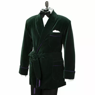 Vintage Men Smoking Robe Jacket Velvet With Belt Green Coat Evening Dinner Party • $159