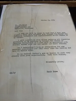 Colonel Tom Parker And Hank Snow Onion Skin Copy Letter To Grand Ole Opry • $145