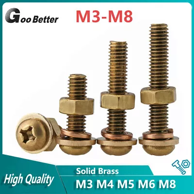 £1.92 • Buy M3 M4 M5 M6 M8 Solid Brass Phillips Pan Head Machine Screws Bolt Washer Nut Set