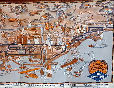 Chicago Cartoon Map C.1940's Marshall Field Bus Gray Line Tourist Promo Brochure • $135