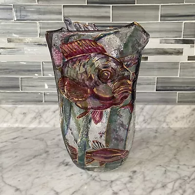 Amazing Art Vase Hand Painted Aquarium Fish In The Ocean Large With Signature • $149.99