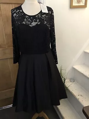 Black Lace Bodice Dress Full Skirt 50s Style Kojooin UK Size 14 • £24.99