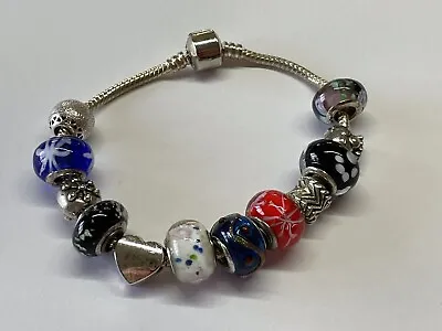 “In The Style Of Pandora” Charm Bracelet With 12 Coloured & Silver Tone Beads • £10