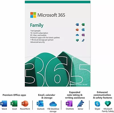 New Microsoft Office 365 Family 6 Users 1 Year Original Activation Key From Box • £60.42