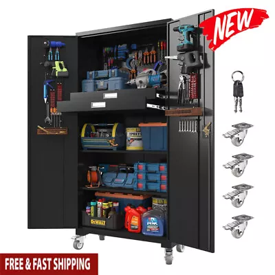 72 Inch Metal Storage Cabinet Lockable W/ Wheels Drawers Pegboard Garage Black • $275.30