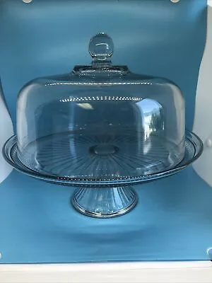 Anchor Hocking Canton Glass Punch Bowl Cake Set Plate Stand Dome Cover DUAL USE • $59