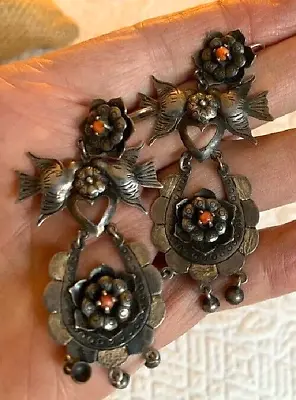 Vintage Mexican Early Sterling & Coral Frida Kahlo Lovebirds & Heart  Earrings • $425