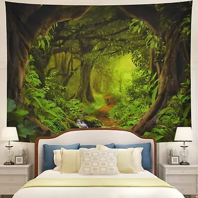 Forest Tapestry Nature Tree Cave Wall Hanging Misty Stream Rainforest Landscape • $31.32