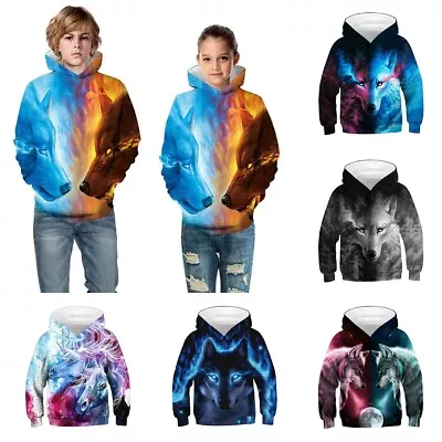 Kids Boys The Wolf Animals Printed 3D Hoodie Hoodie Sweatshirt Jumper Tops AU • $28.99