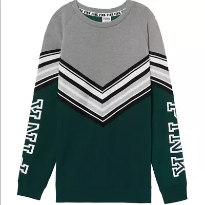 VICTORIA’S SECRET PINK Campus Crew Fleece Sweatshirt XS Chevron V Cheer Green • $28