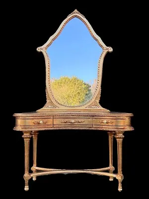 1940 French Louis XVI Vanity With Mirror Set: Elegant Gold Beech - 2 Pieces • $2400
