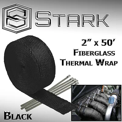 2  X 50FT Exhaust Header Fiberglass Heat Wrap Tape W/ 5 Steel Ties - Black (W) • $22.99