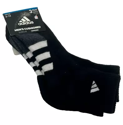 Adidas Men's Cushioned Black White Cotton Stretch Quarter Socks Size 6-12 3-Pack • $7