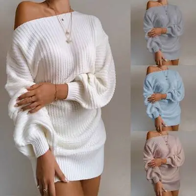 WomenS Off Shoulder Chunky Sweater Dress Ladies Baggy Long Sleeve Jumper Tops • £20.02