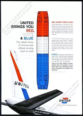 1964 United Airlines DC-8 Plane Red White Blue Seating Chart Vintage Print Ad • $8.09