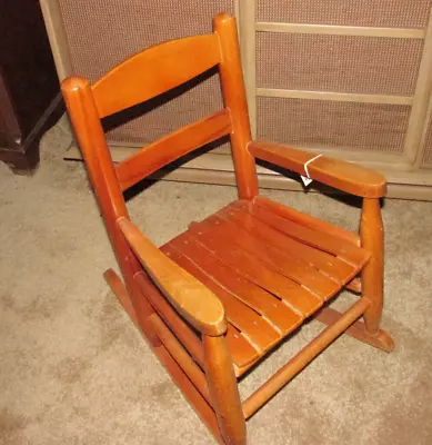 Vintage 1960s  Solid Wood Child Rocking Chair W Arm Rests Curved Slatted Seat • $45