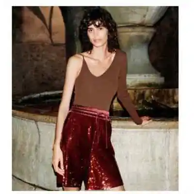 Zara Sequin Satin Shorts Women's Medium Red Burgundy Bermuda Basketball  • $38.99