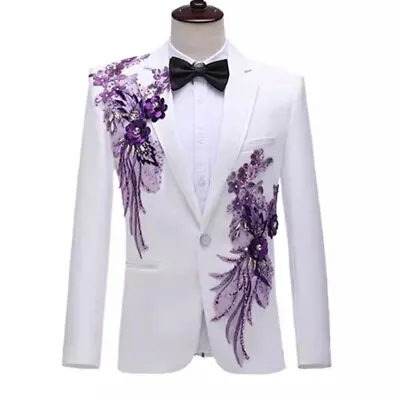 Mens Rhinestone Sequins Floral Coat Jacket Dress Suit Blazer Lapel Party Fashion • £53.75