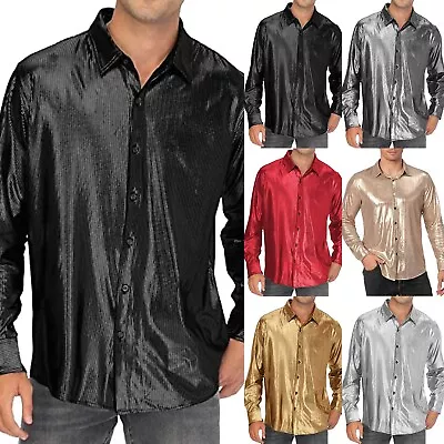 Mens Casual Dress Shirt Sequined Button Up Shirt Cosplay Clothing Lapel ZF • $21.17