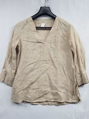 Sigrid Olsen Button Top Linen Beige 3/4 Sleeve V Collar Size Medium Women's  • $14.85